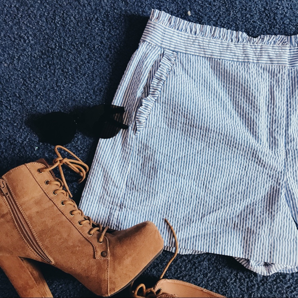 White and blue striped shorts